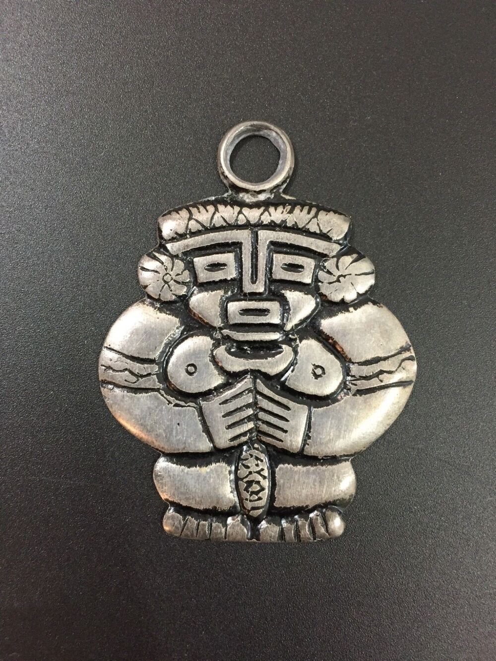 Vintage Colombian Nickel Muisca Quecha Warrior Figure Medallion Pendant Charm